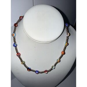 Vtg Italy Venetian Murano Millefiori Art Multicolored‎ Glass Bead Necklace 925